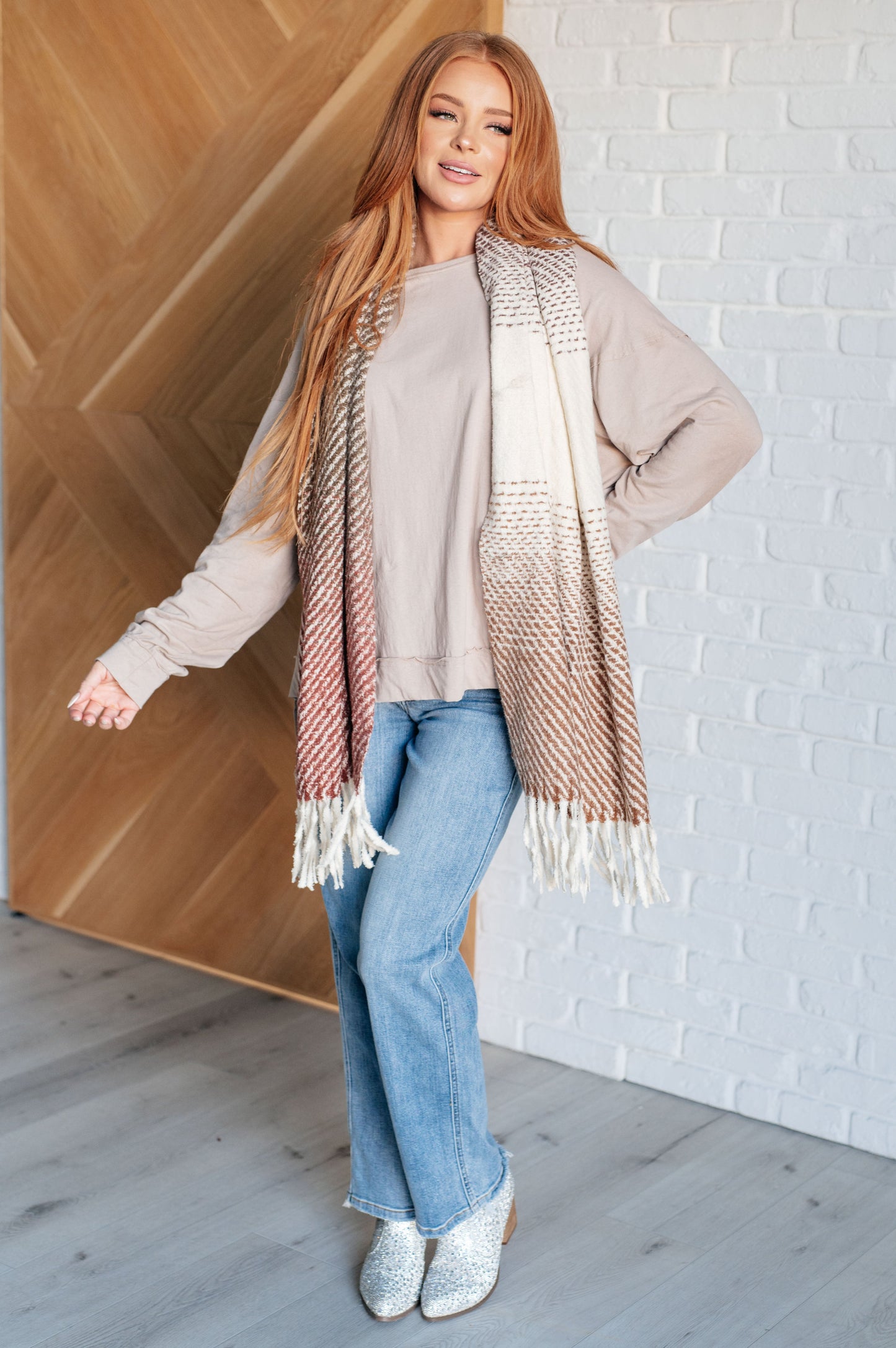 Chilly Breeze Fringe Scarf in Mocha & Crimson