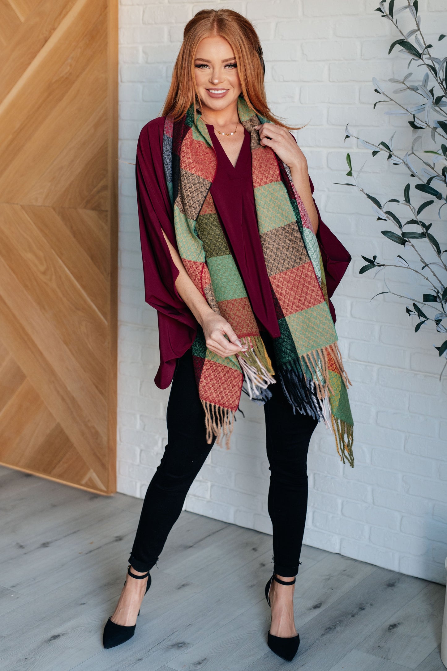 Berry Bliss Checkered Fringe Scarf