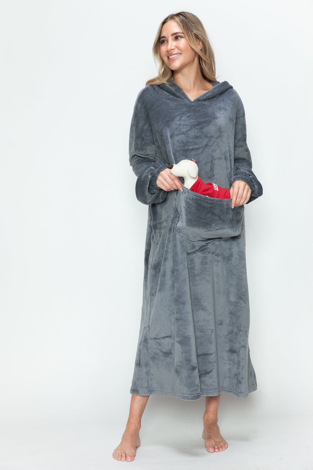 Cozy Hooded Midi Lounge Gown with Pockets