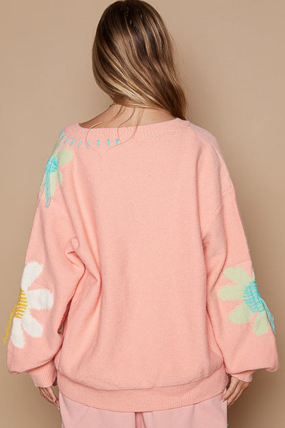 Blossom Fringe V-Neck Sweater - Pink