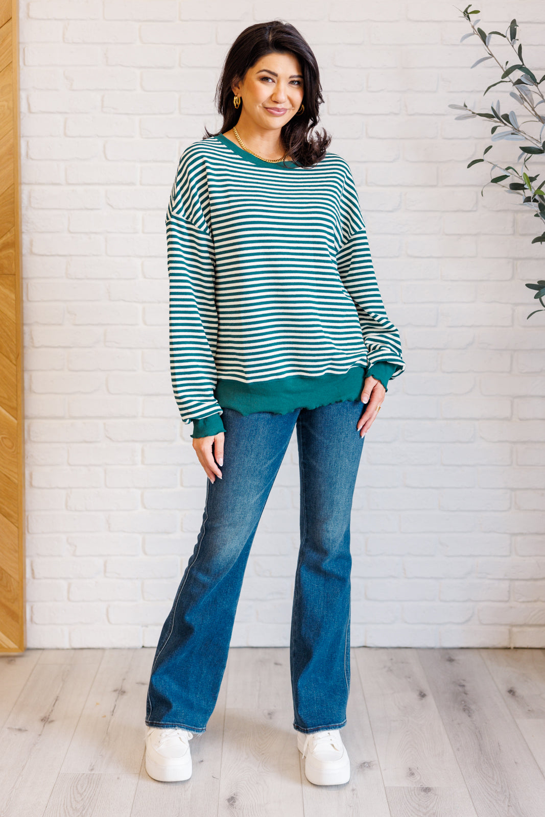 Simply Striped Drop Shoulder Sweater - Green