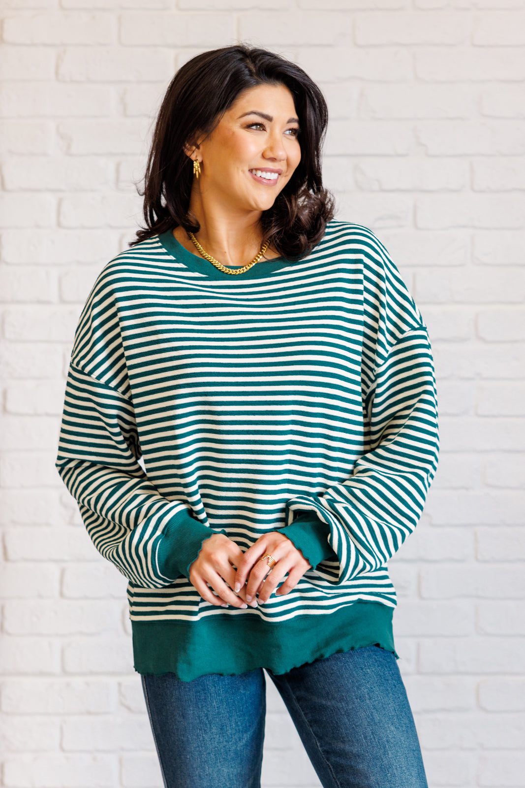 Simply Striped Drop Shoulder Sweater - Green