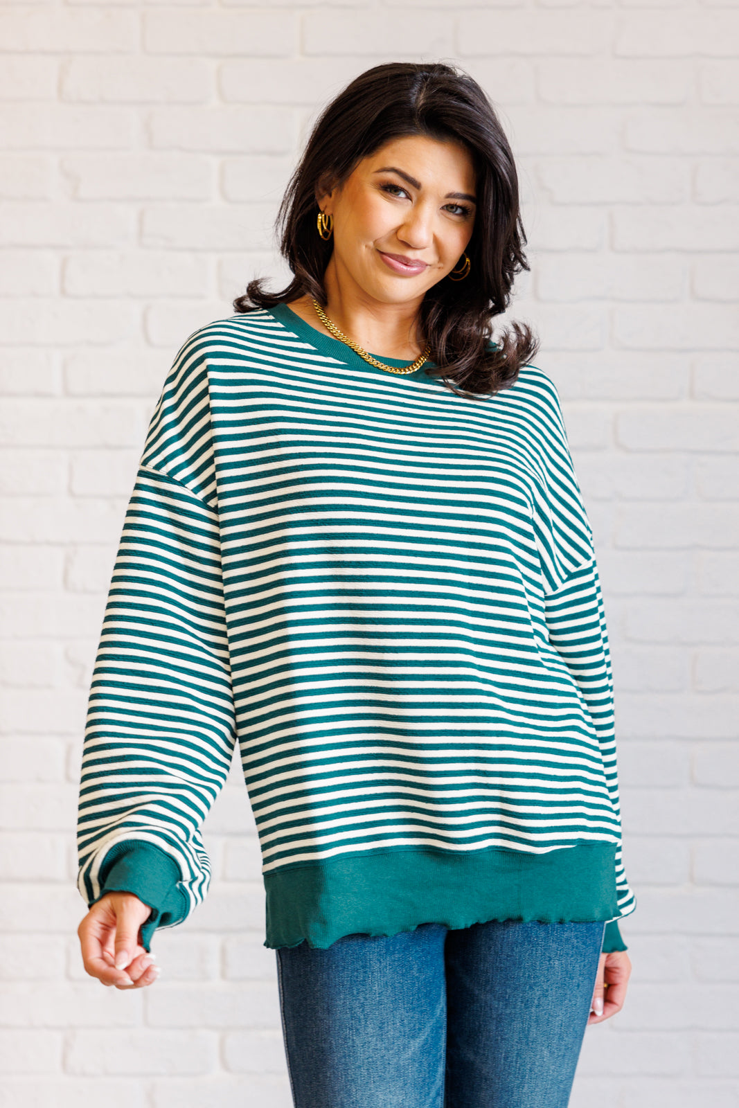 Simply Striped Drop Shoulder Sweater - Green