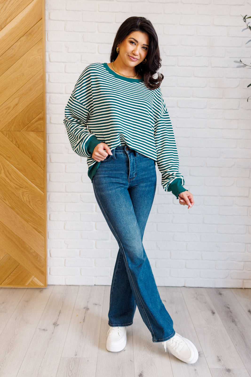 Simply Striped Drop Shoulder Sweater - Green