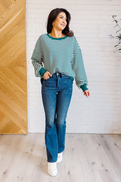 Simply Striped Drop Shoulder Sweater - Green