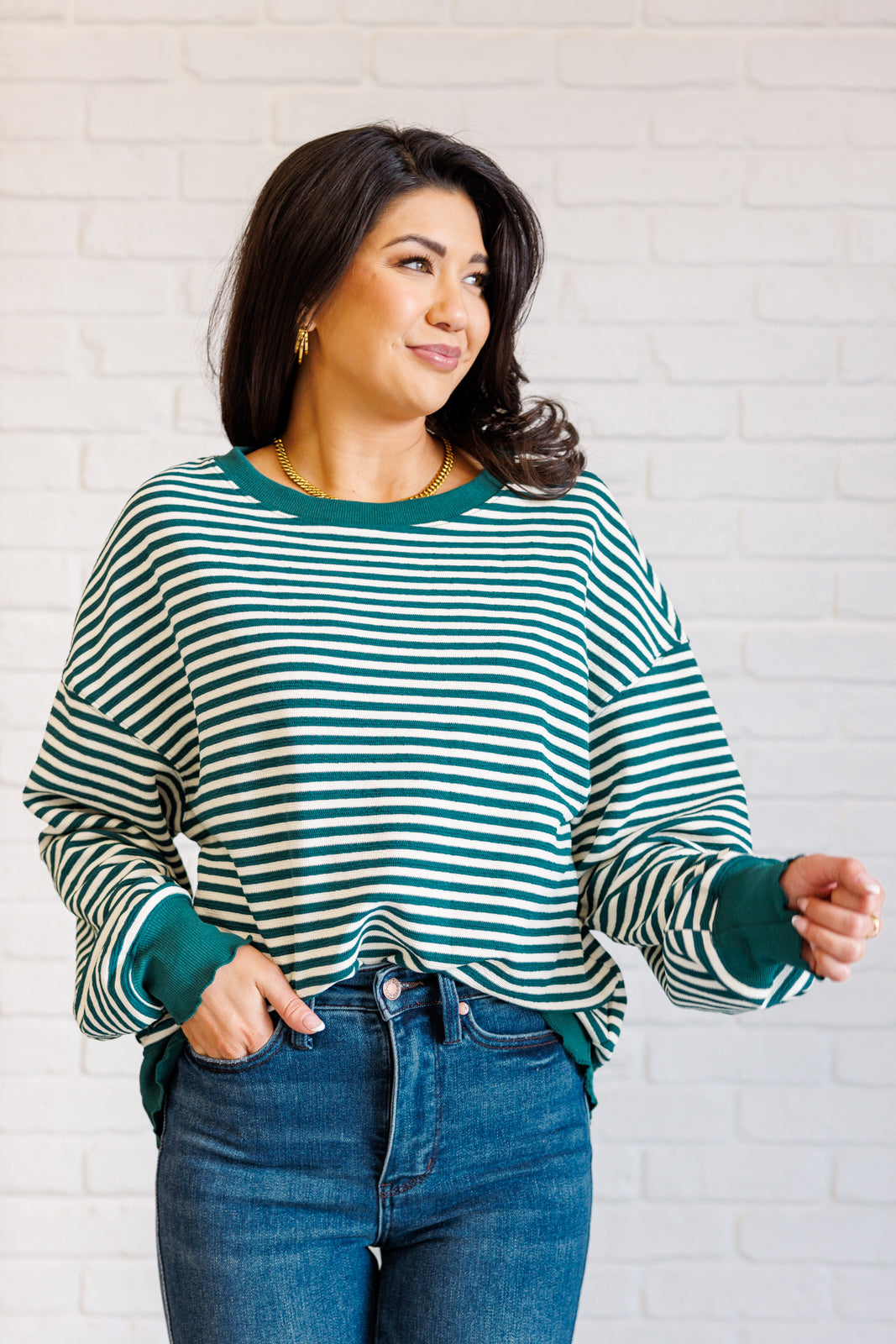 Simply Striped Drop Shoulder Sweater - Green