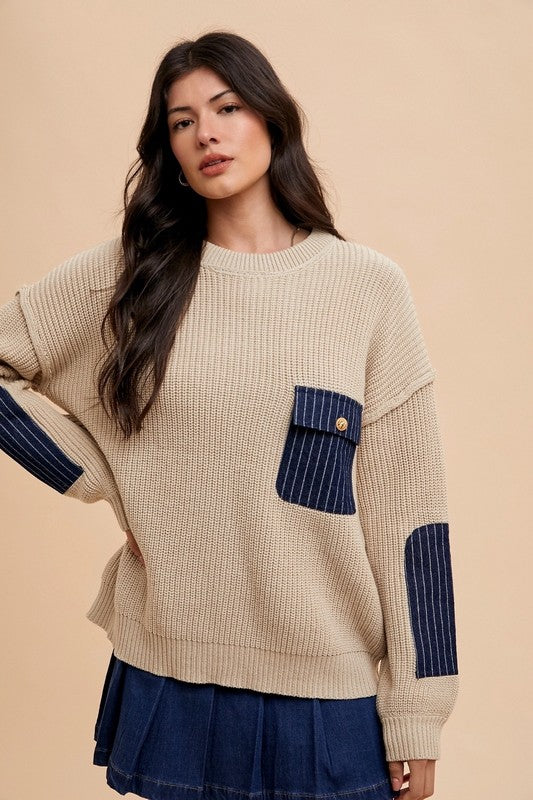 Modern Contrast Patch Pocket Sweater