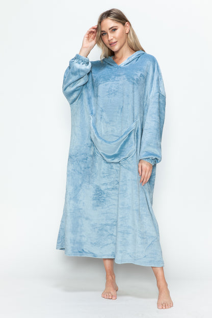 Cozy Hooded Midi Lounge Gown with Pockets