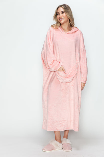 Cozy Hooded Midi Lounge Gown with Pockets