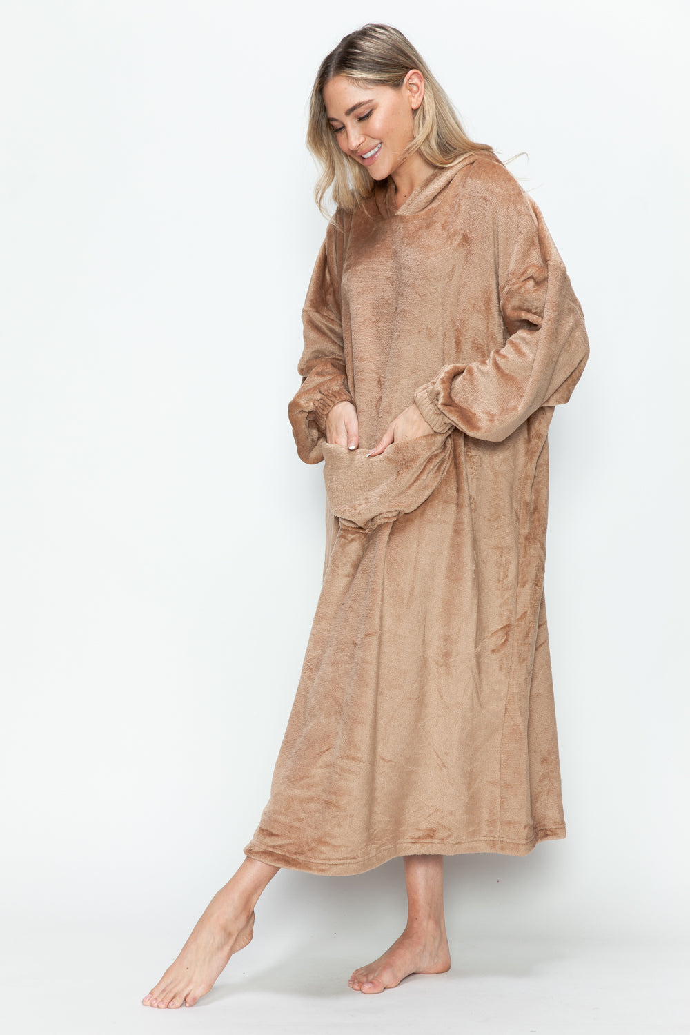 Cozy Hooded Midi Lounge Gown with Pockets