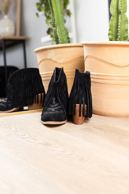 Fringe Appeal Black Suede Booties