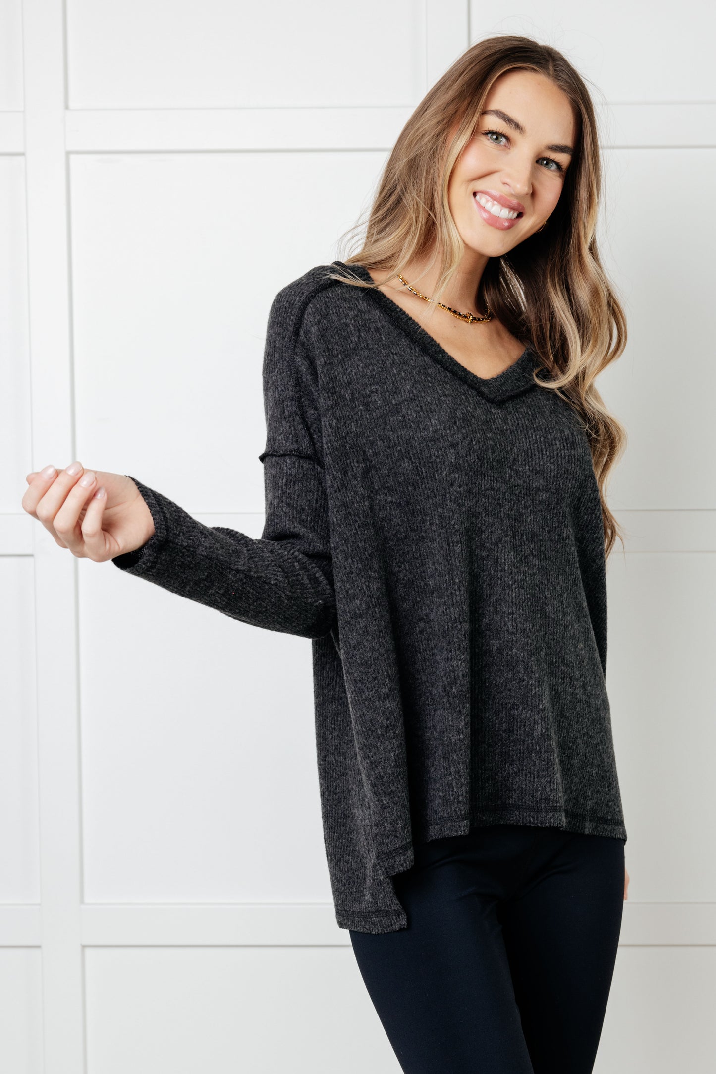 Cozy Days Brushed Hacci Long Sleeve Top - Black