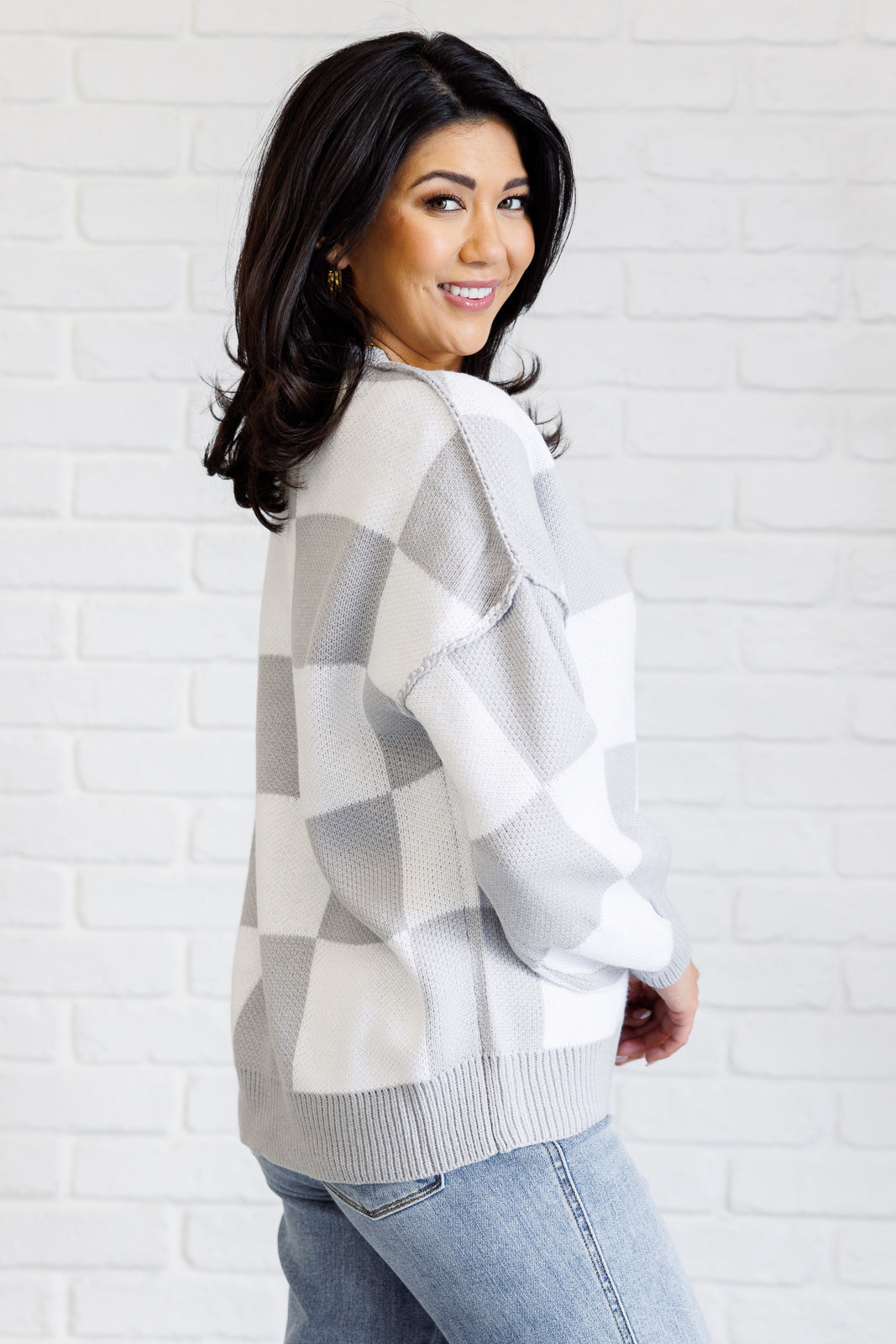 Grey Checkered Cozy Sweater