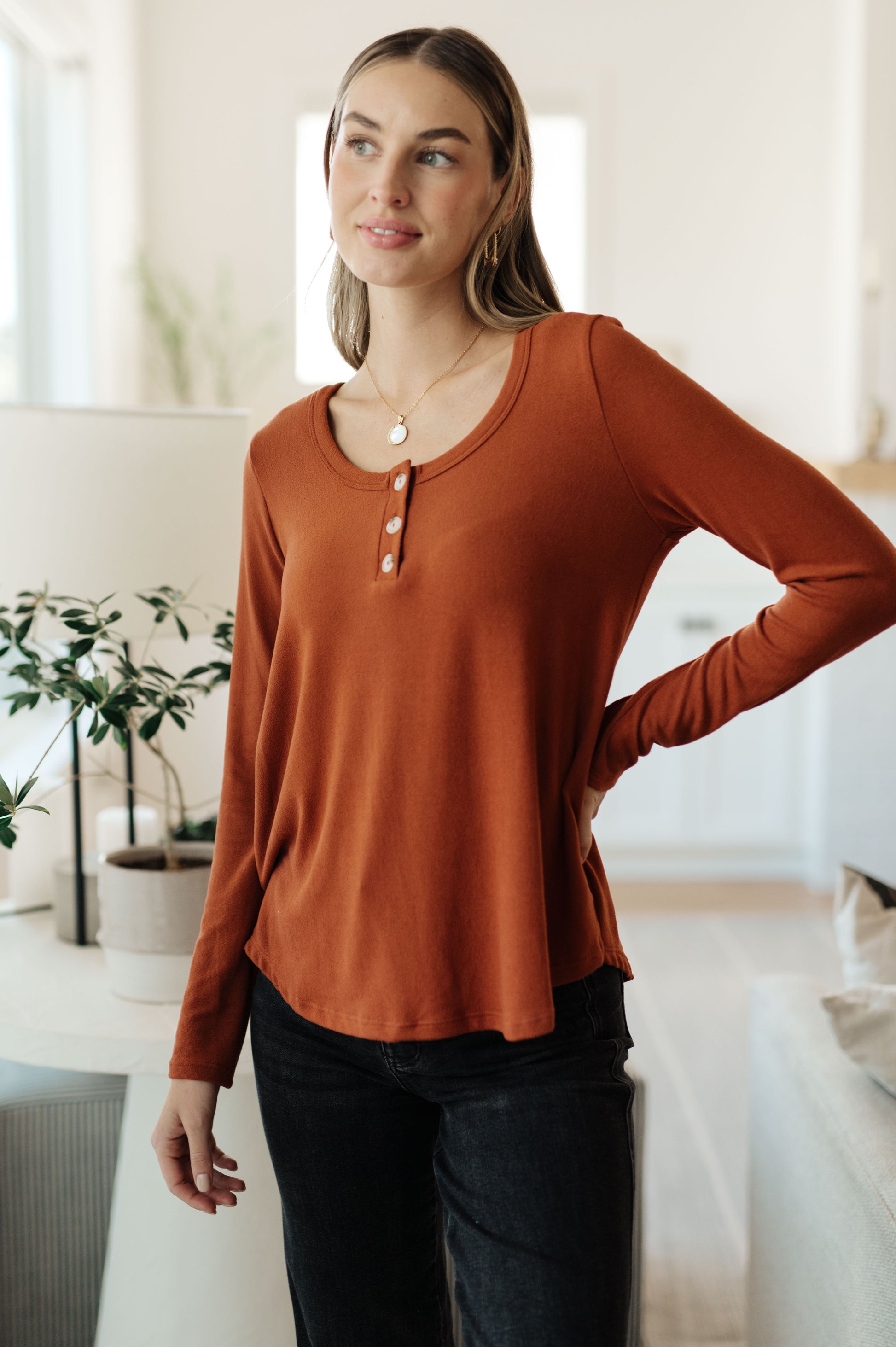 Bright Side Scoop Neck Long Sleeve Top - Redtop