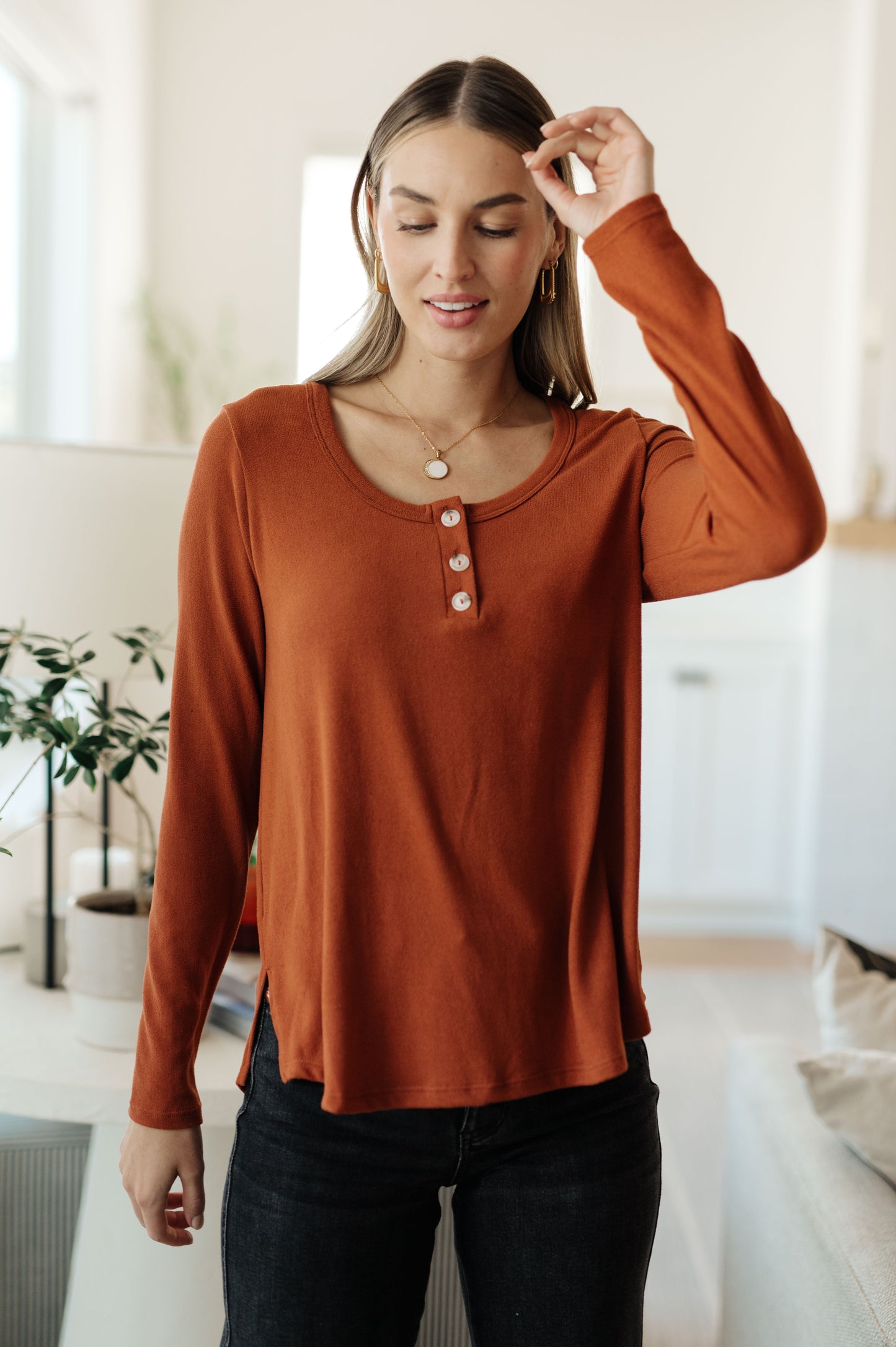 Bright Side Scoop Neck Long Sleeve Top - Redtop