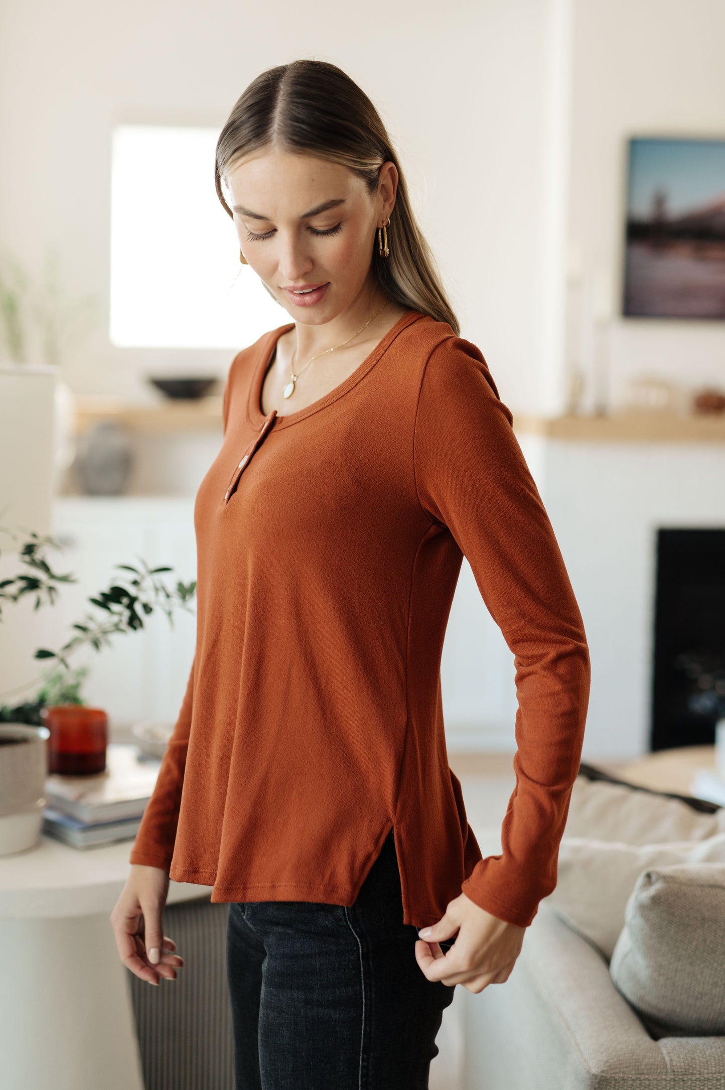 Bright Side Scoop Neck Long Sleeve Top - Redtop