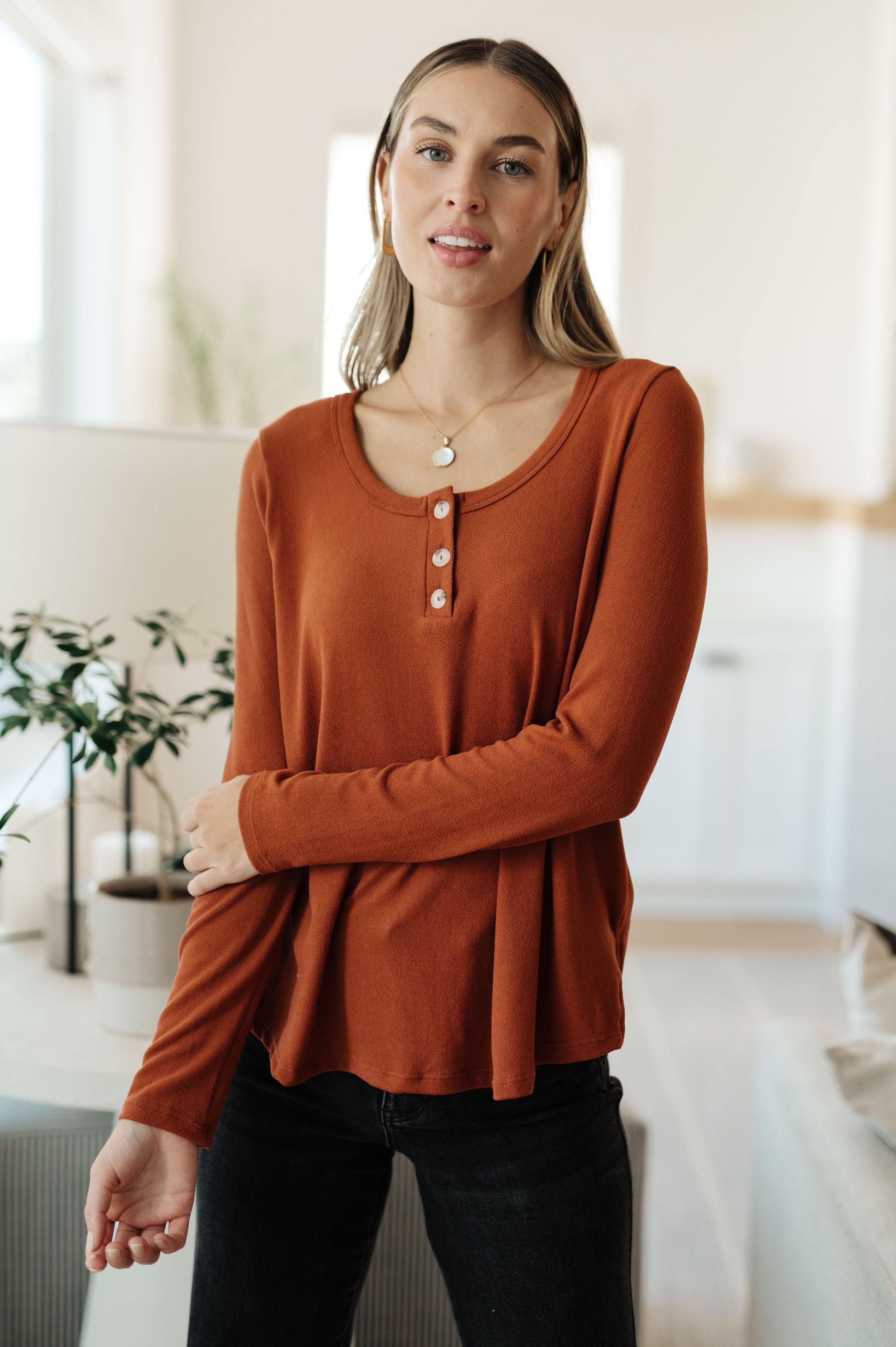 Bright Side Scoop Neck Long Sleeve Top - Redtop