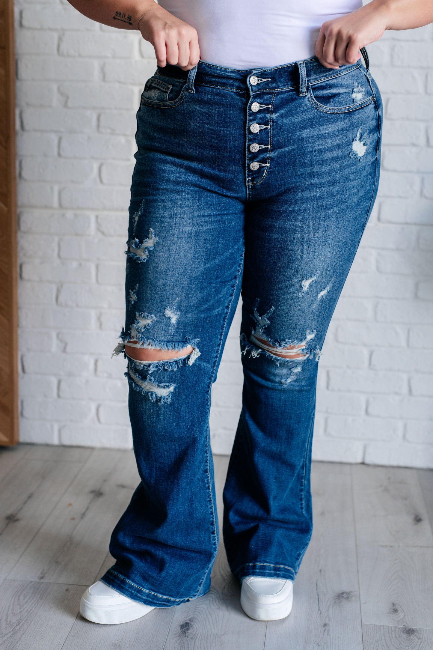 Free Spirit Distressed Flare Jeans - Redtop