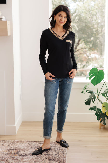 Sparkle Edge V-Neck Long Sleeve Top