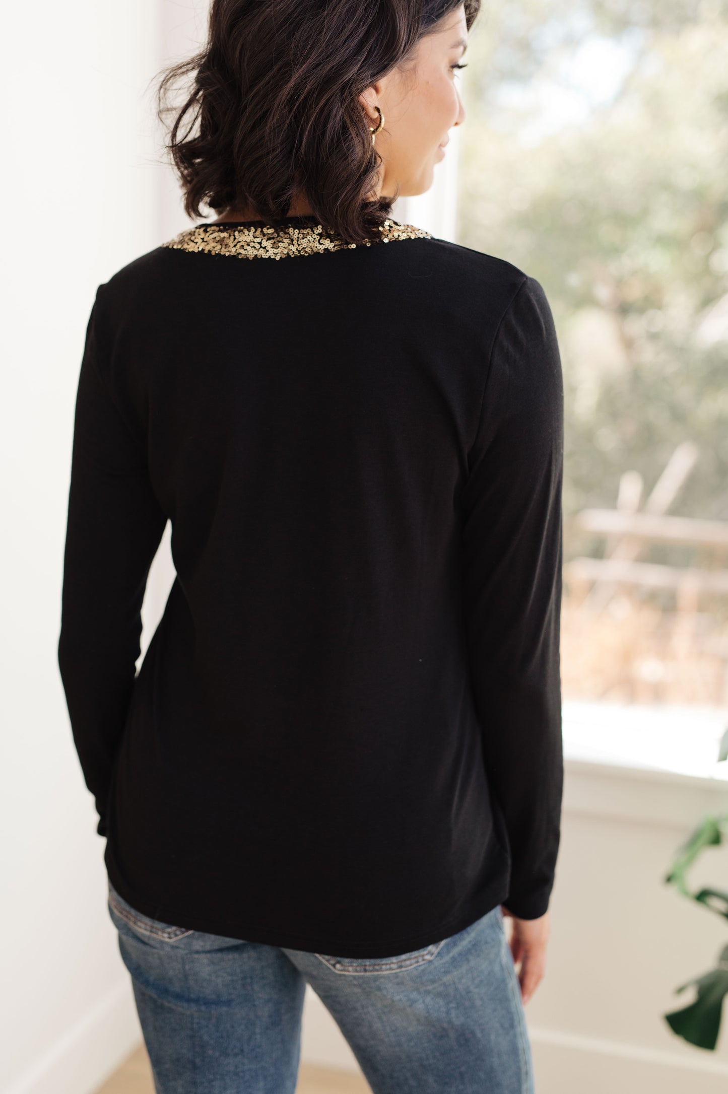 Sparkle Edge V-Neck Long Sleeve Top