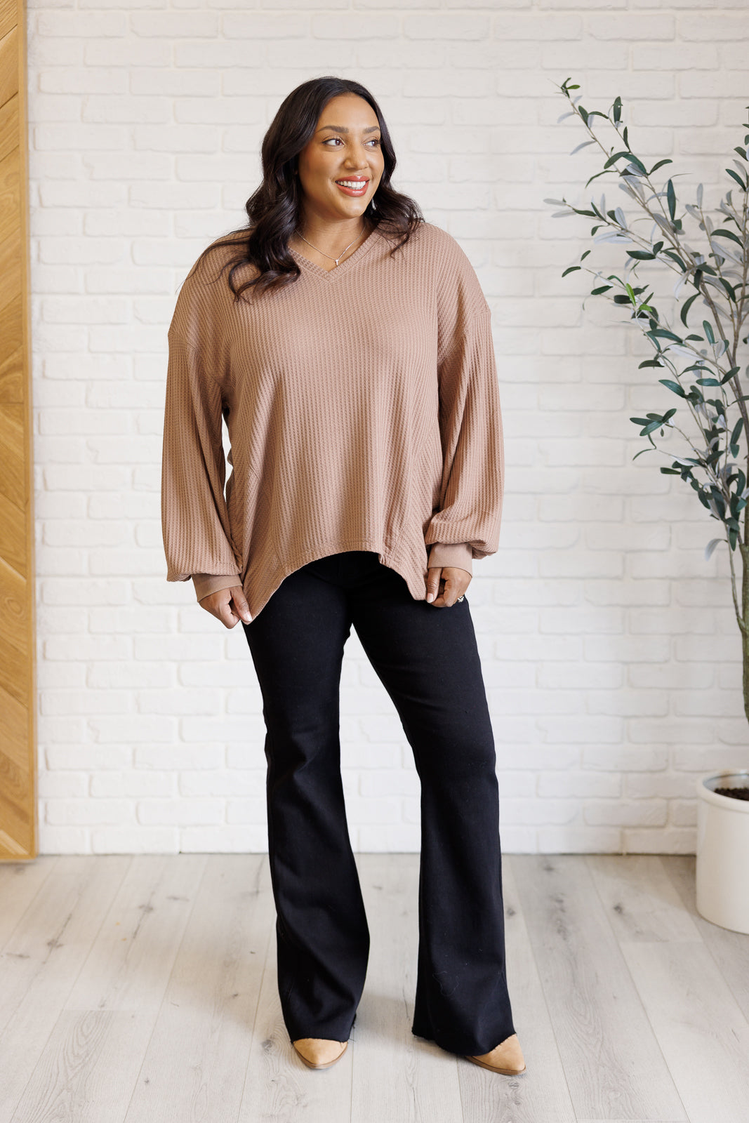 Serene Vibes V-Neck Long Sleeve Top in Coffee