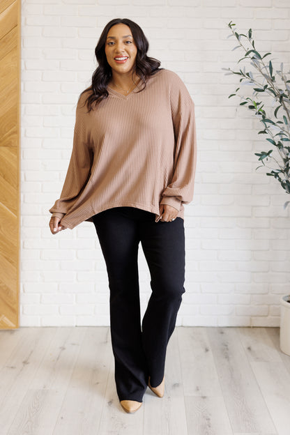 Serene Vibes V-Neck Long Sleeve Top in Coffee