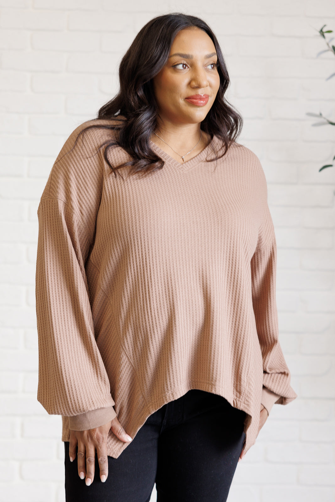 Serene Vibes V-Neck Long Sleeve Top in Coffee