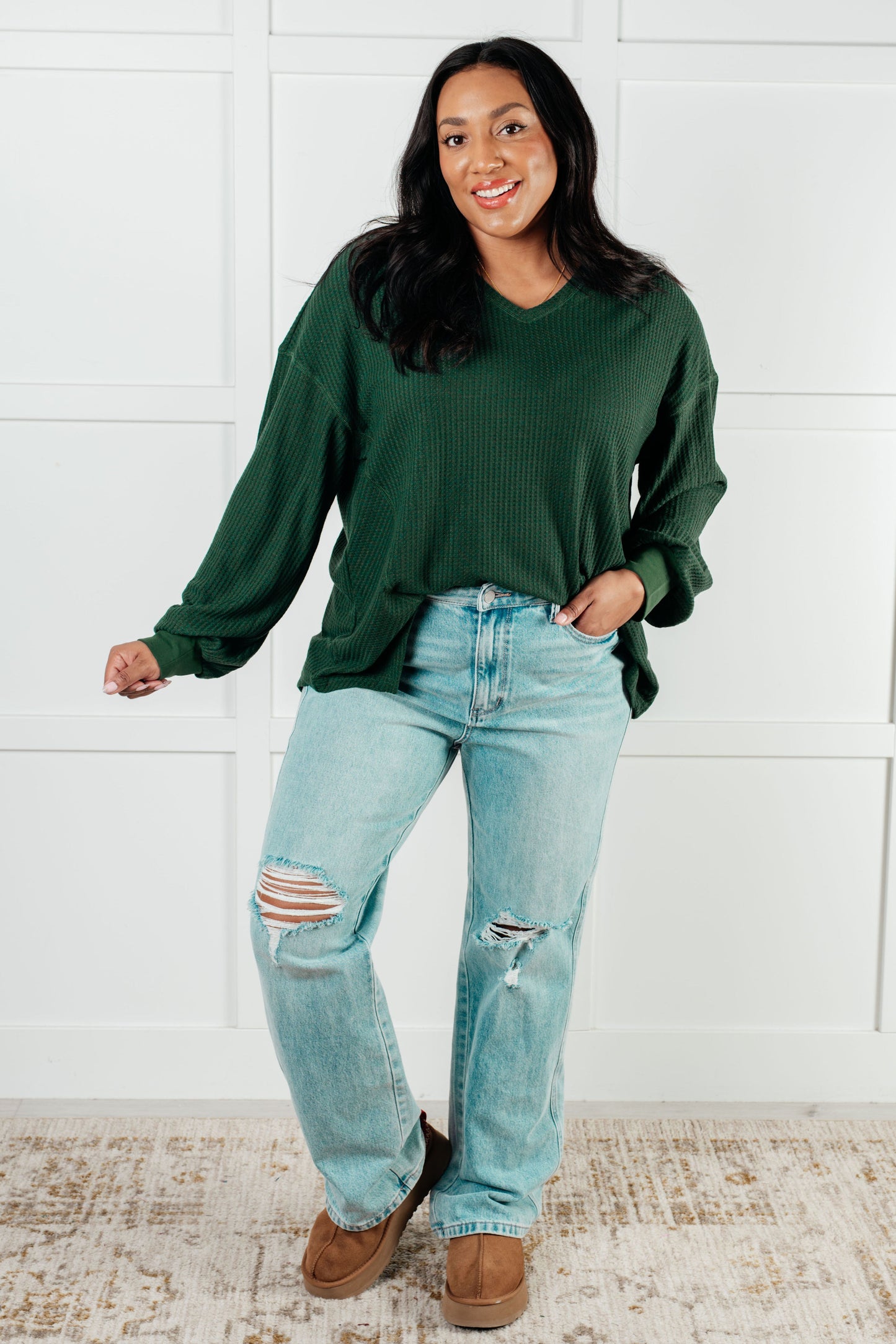 Serene Vibes V-Neck Long Sleeve Top in Green