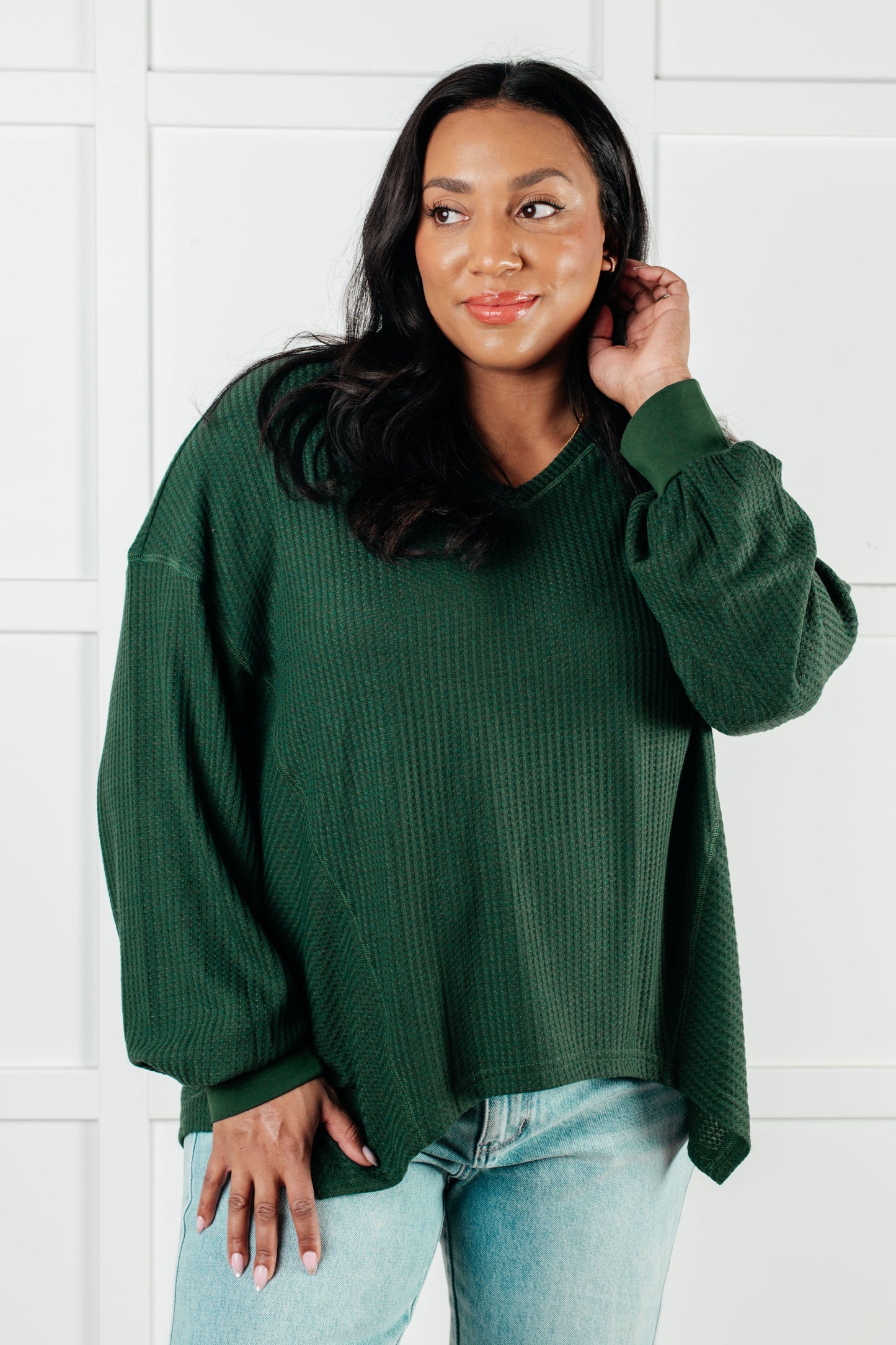 Serene Vibes V-Neck Long Sleeve Top in Green