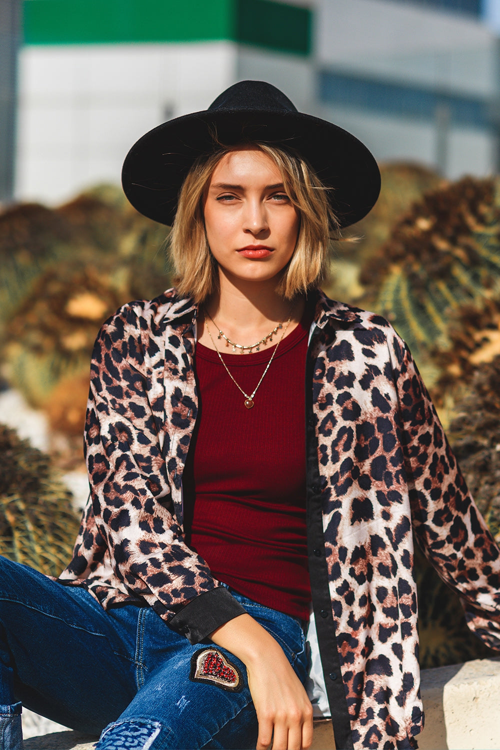 Satin-Trimmed Leopard Blouse