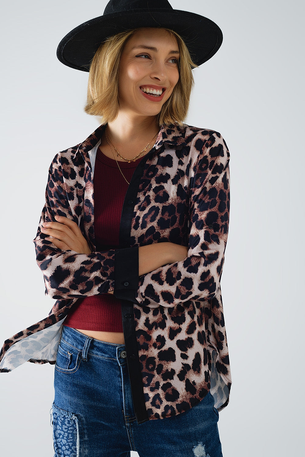 Satin-Trimmed Leopard Blouse