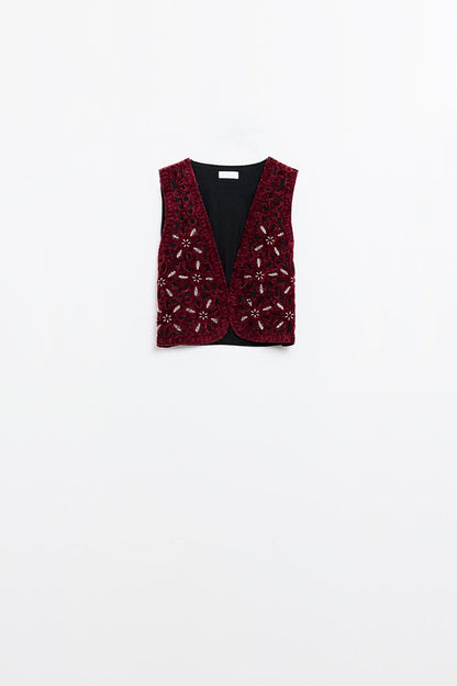 Burgundy Charm Embroidered Velvet Vest