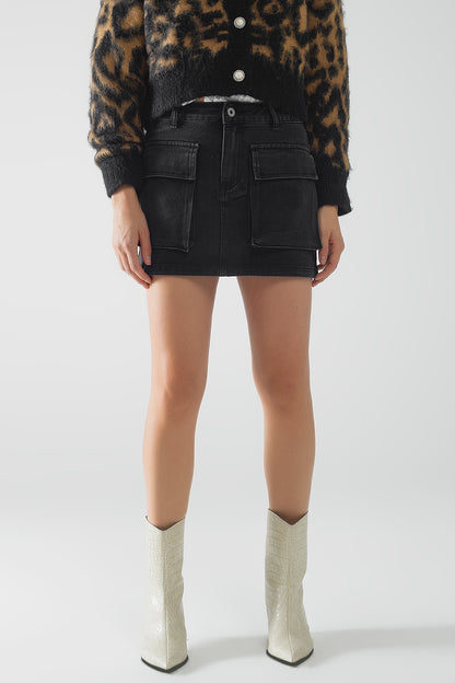 Cargo Pocket Black Denim Skirt