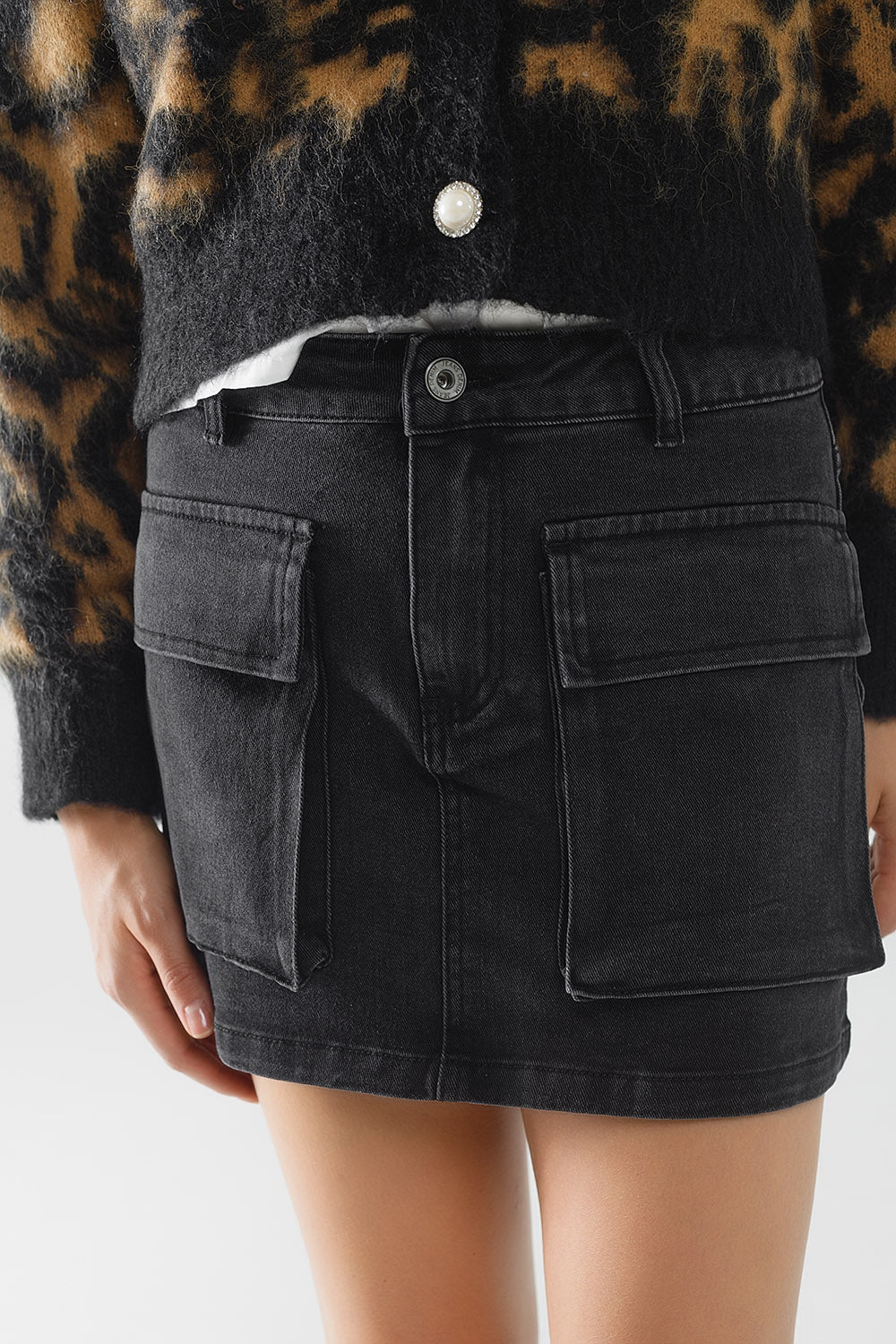 Cargo Pocket Black Denim Skirt