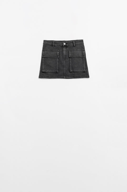 Cargo Pocket Black Denim Skirt