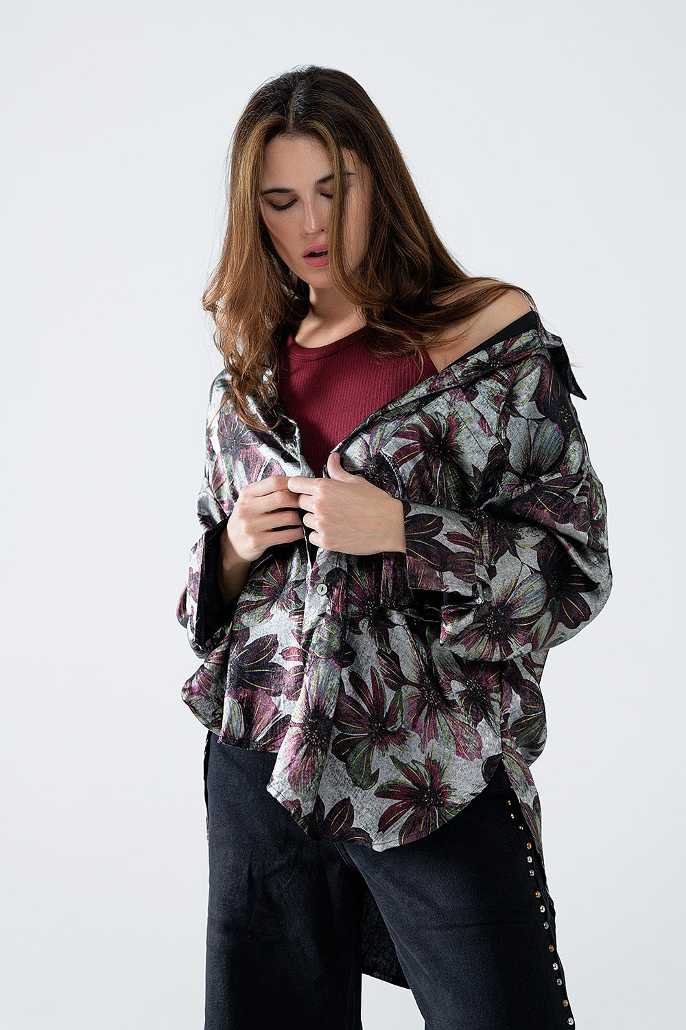 Metallic Floral Print Shirt