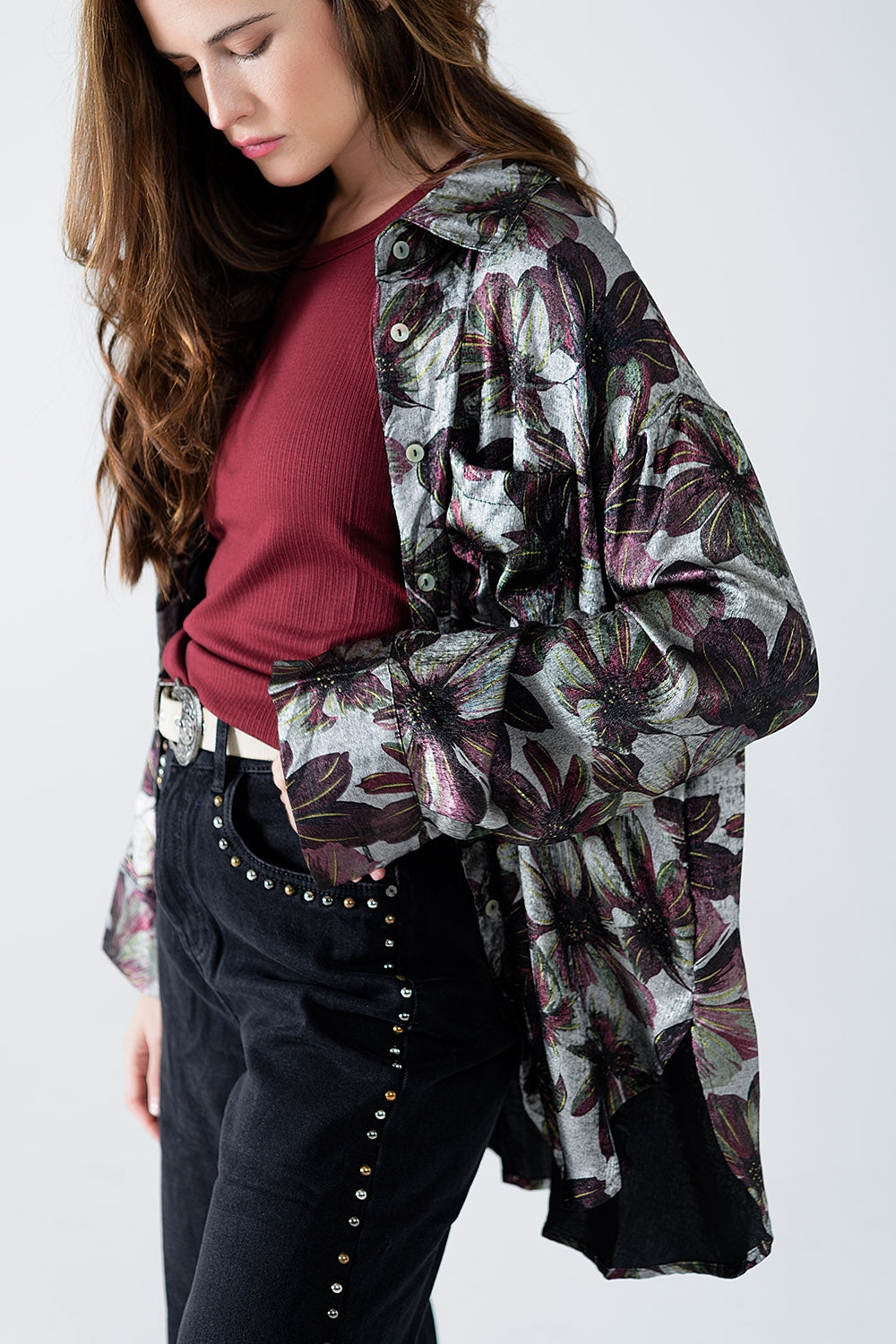 Metallic Floral Print Shirt