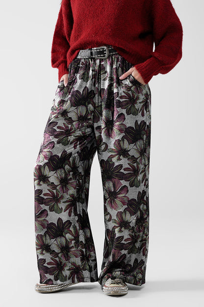 Metallic Floral Wide-Leg Pants