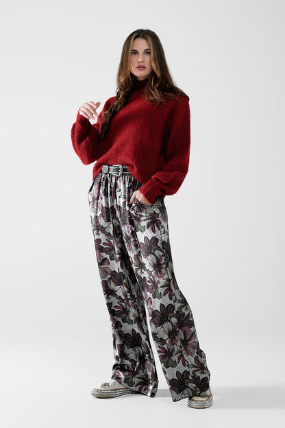 Metallic Floral Wide-Leg Pants