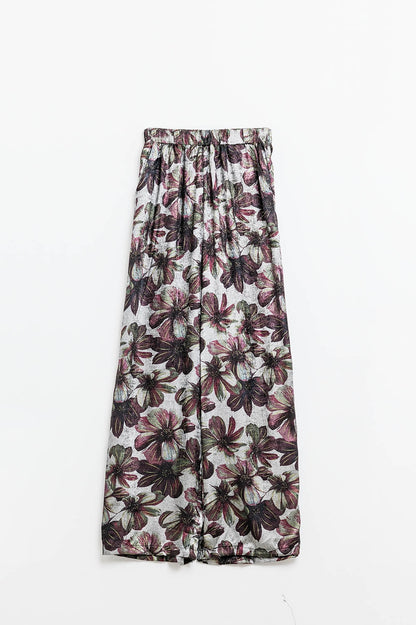 Metallic Floral Wide-Leg Pants