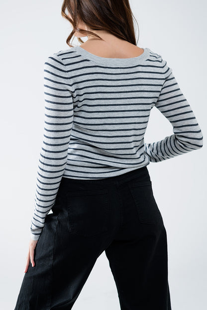 Striped Boat Neck Knit Sweater