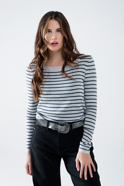 Striped Boat Neck Knit Sweater