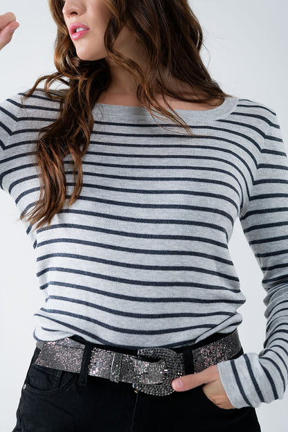 Striped Boat Neck Knit Sweater