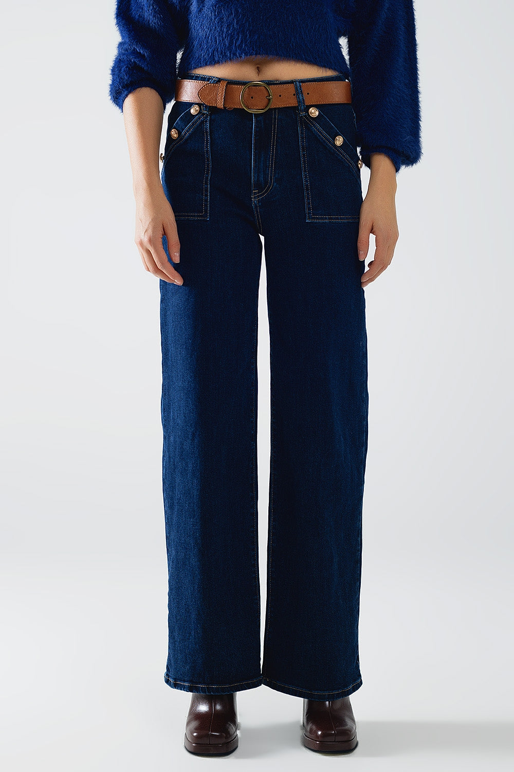 High-Waisted Wide Leg Jeans with Button Detail