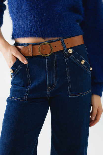 High-Waisted Wide Leg Jeans with Button Detail