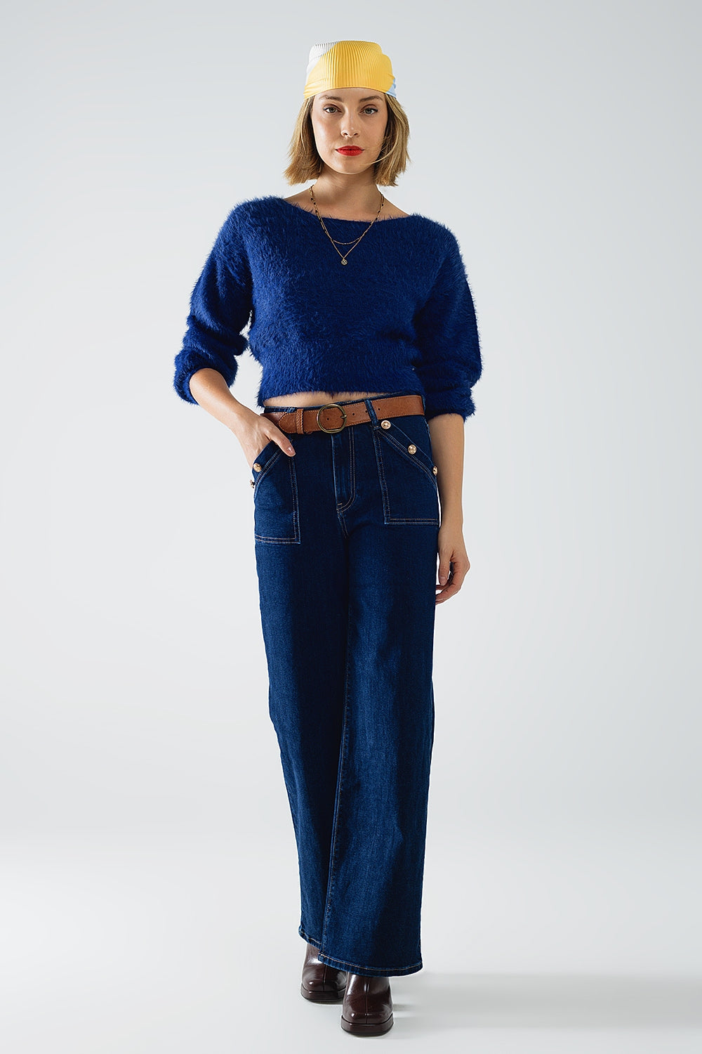 High-Waisted Wide Leg Jeans with Button Detail