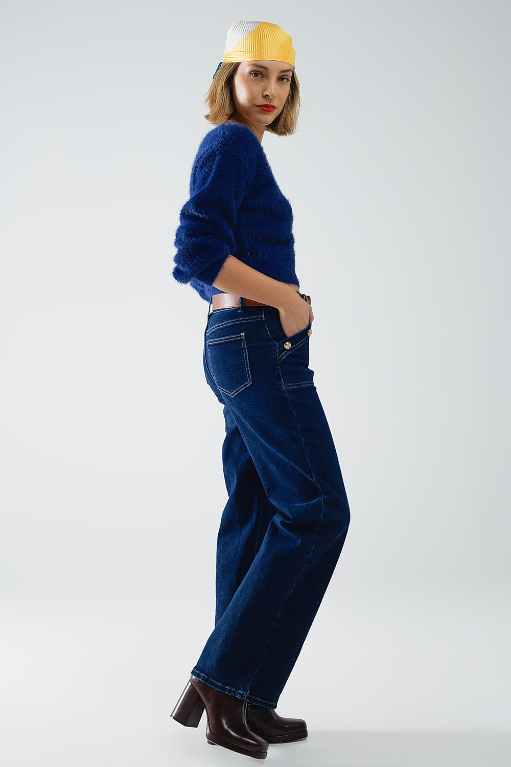 High-Waisted Wide Leg Jeans with Button Detail