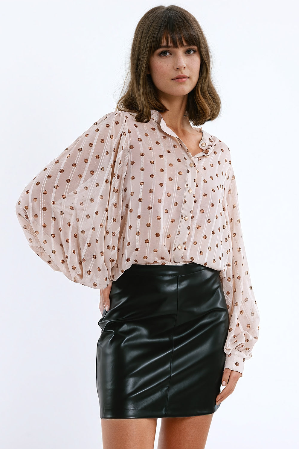 Polka Dot Balloon Sleeve Blouse in Beige