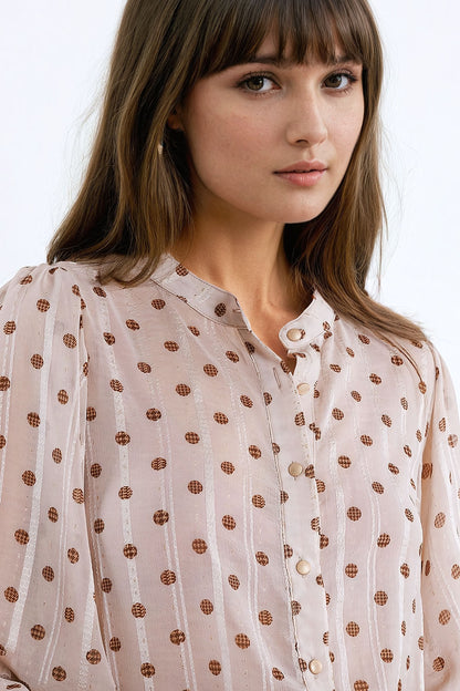 Polka Dot Balloon Sleeve Blouse in Beige