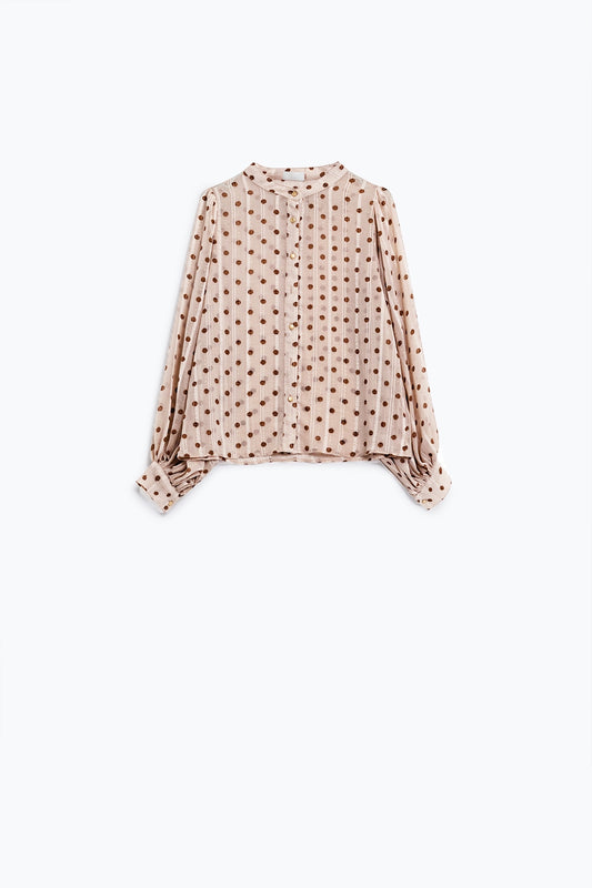 Polka Dot Balloon Sleeve Blouse in Beige